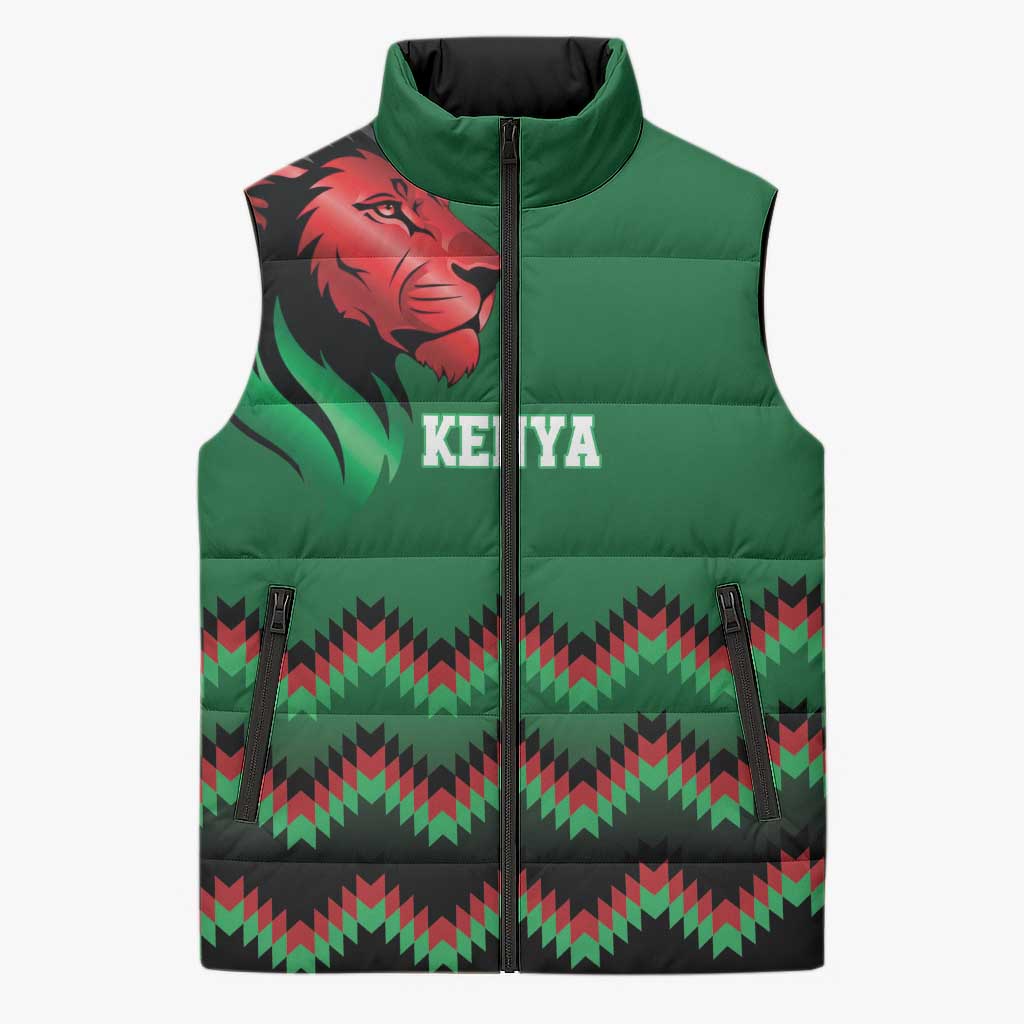Kenya Cricket Custom Sleeveless Puffer Jacket Green Lion Head with Kenyan Pattern - Wonder Print Shop