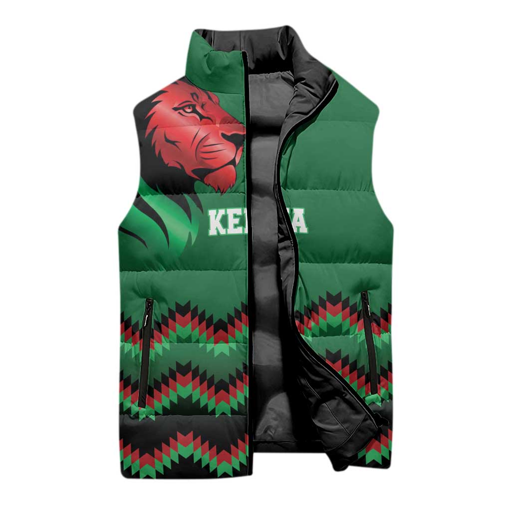 Kenya Cricket Custom Sleeveless Puffer Jacket Green Lion Head with Kenyan Pattern - Wonder Print Shop