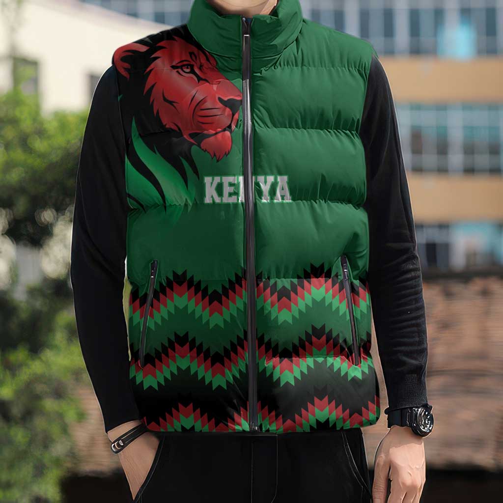 Kenya Cricket Custom Sleeveless Puffer Jacket Green Lion Head with Kenyan Pattern - Wonder Print Shop