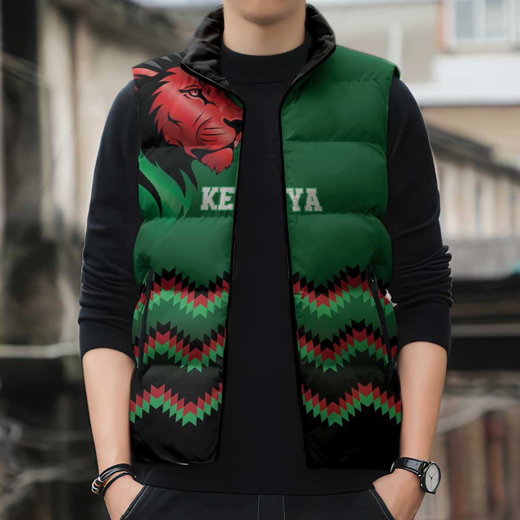 Kenya Cricket Custom Sleeveless Puffer Jacket Green Lion Head with Kenyan Pattern - Wonder Print Shop