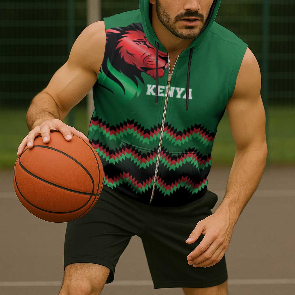 Kenya Cricket Custom Sleeveless Zip Hoodie Green Lion Head with Kenyan Pattern - Wonder Print Shop