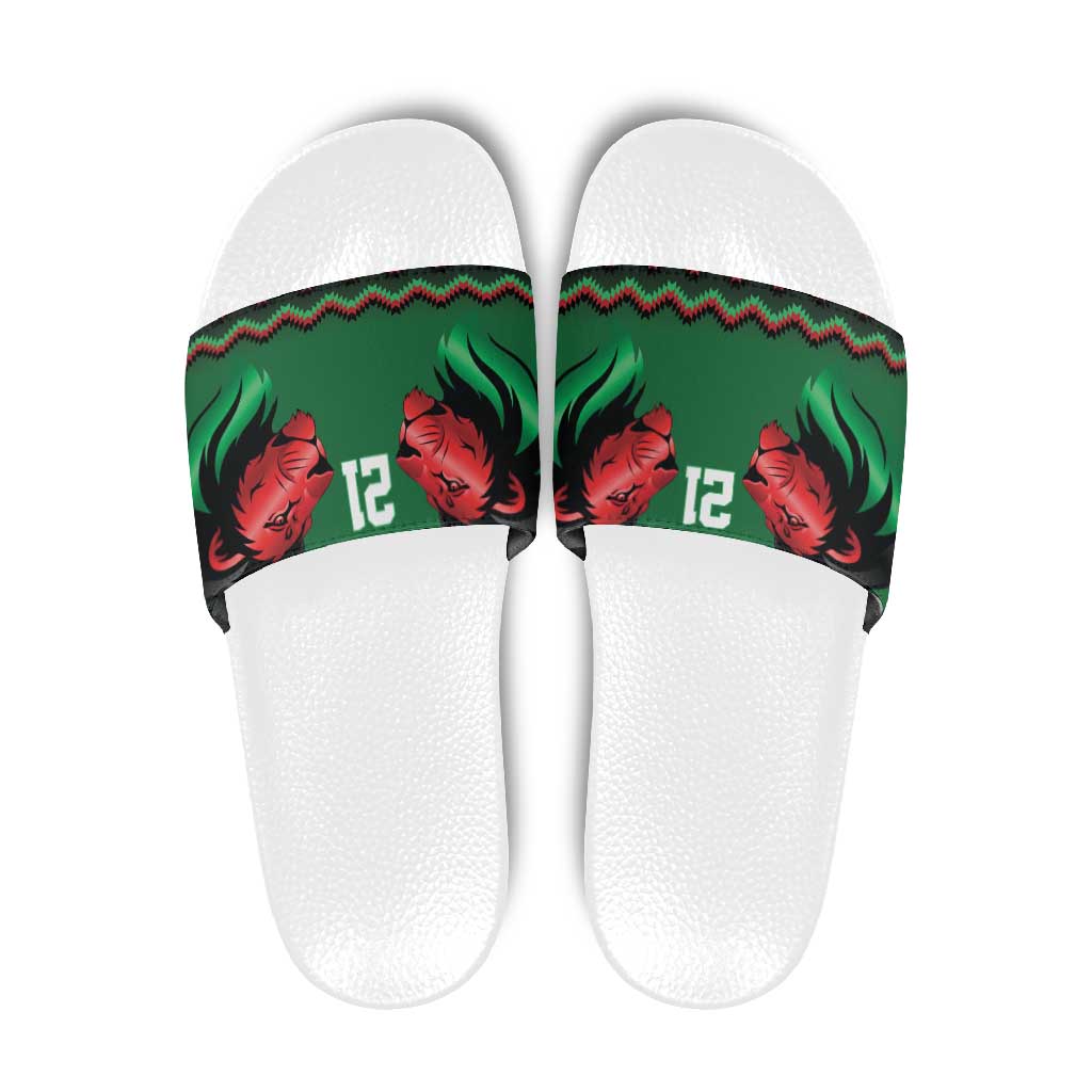 Kenya Cricket Custom Slide Sandals Green Lion Head with Kenyan Pattern - Wonder Print Shop