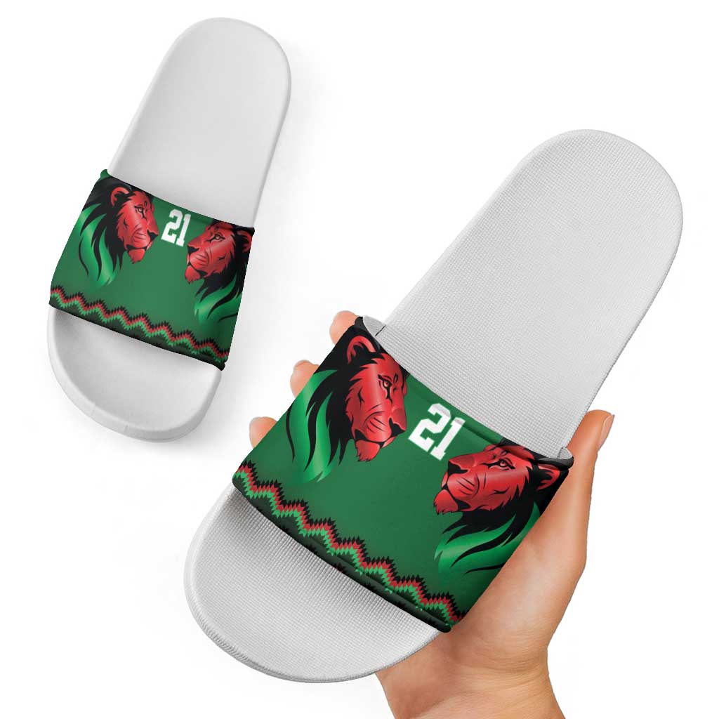 Kenya Cricket Custom Slide Sandals Green Lion Head with Kenyan Pattern - Wonder Print Shop