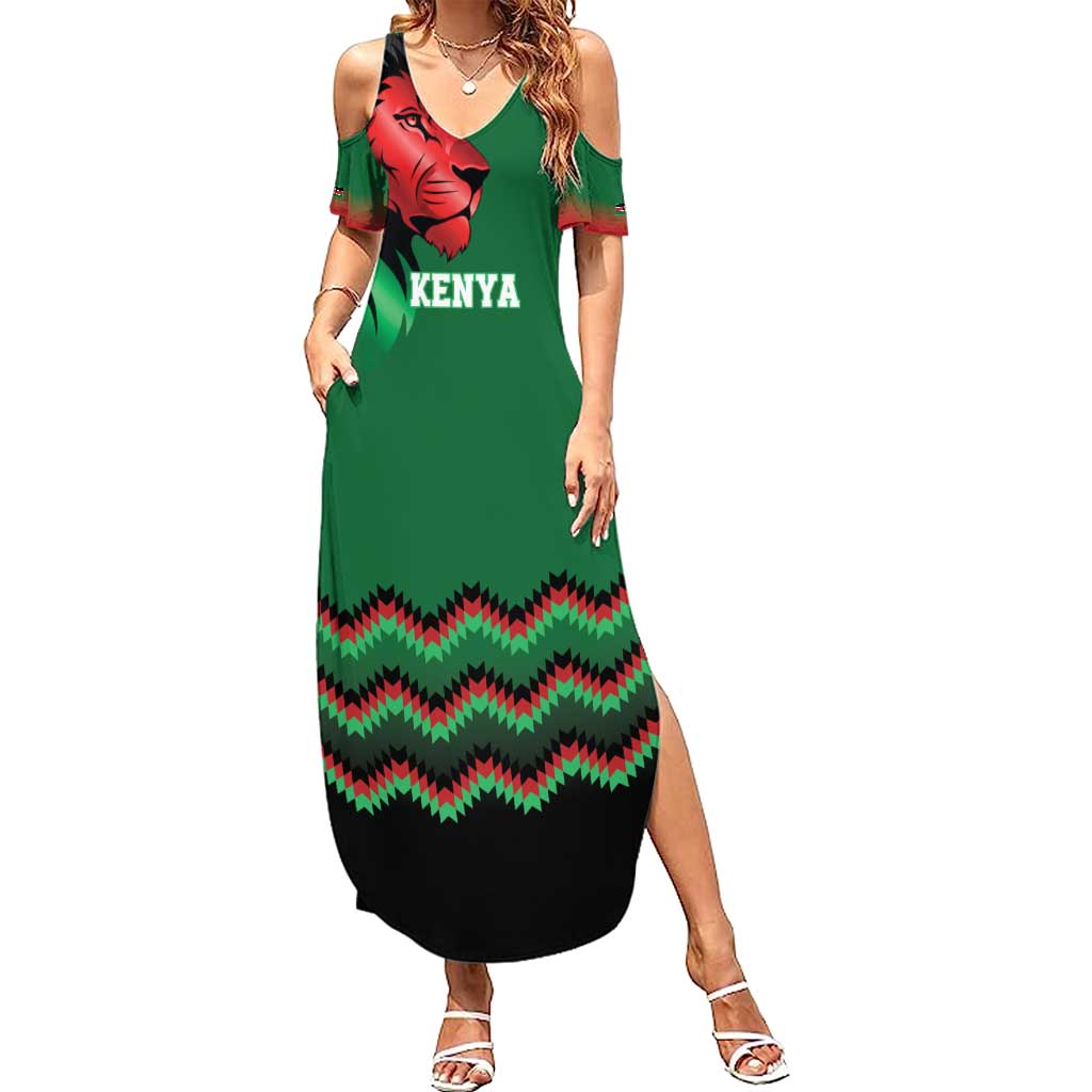 Kenya Cricket Custom Summer Maxi Dress Green Lion Head with Kenyan Pattern - Wonder Print Shop