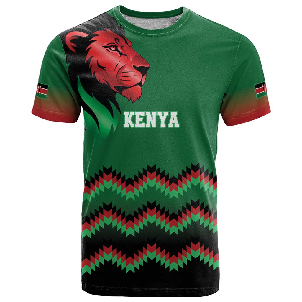 Kenya Cricket Custom T Shirt Green Lion Head with Kenyan Pattern - Wonder Print Shop