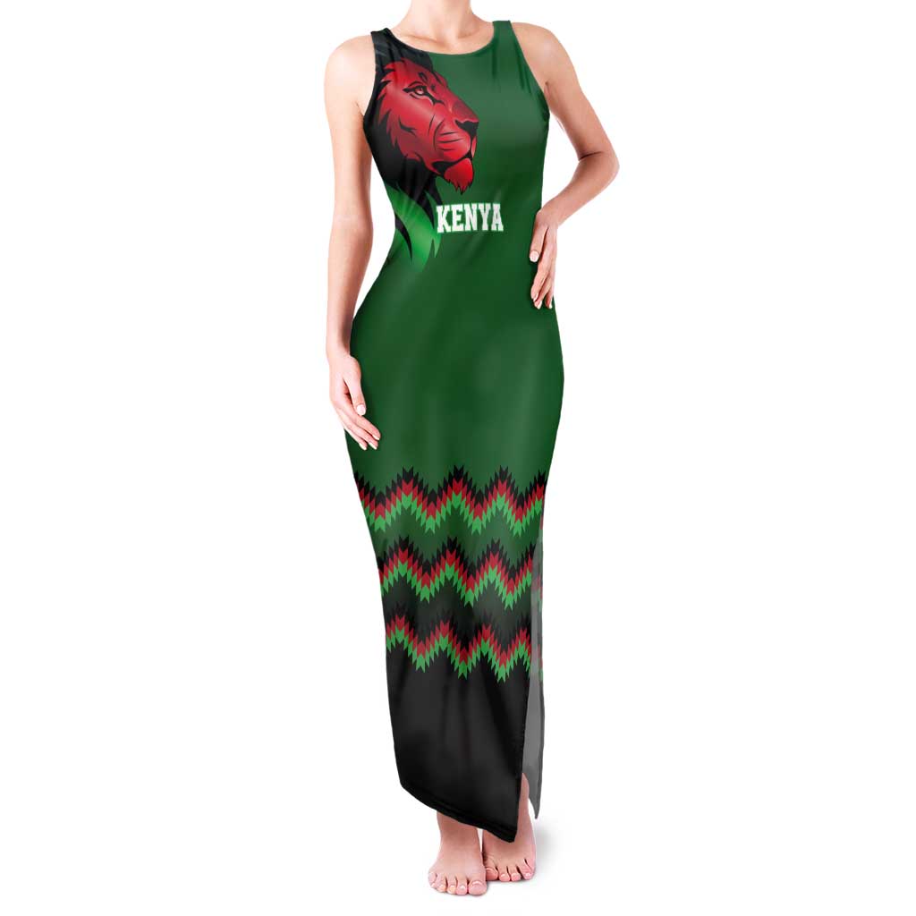 Kenya Cricket Custom Tank Maxi Dress Green Lion Head with Kenyan Pattern - Wonder Print Shop