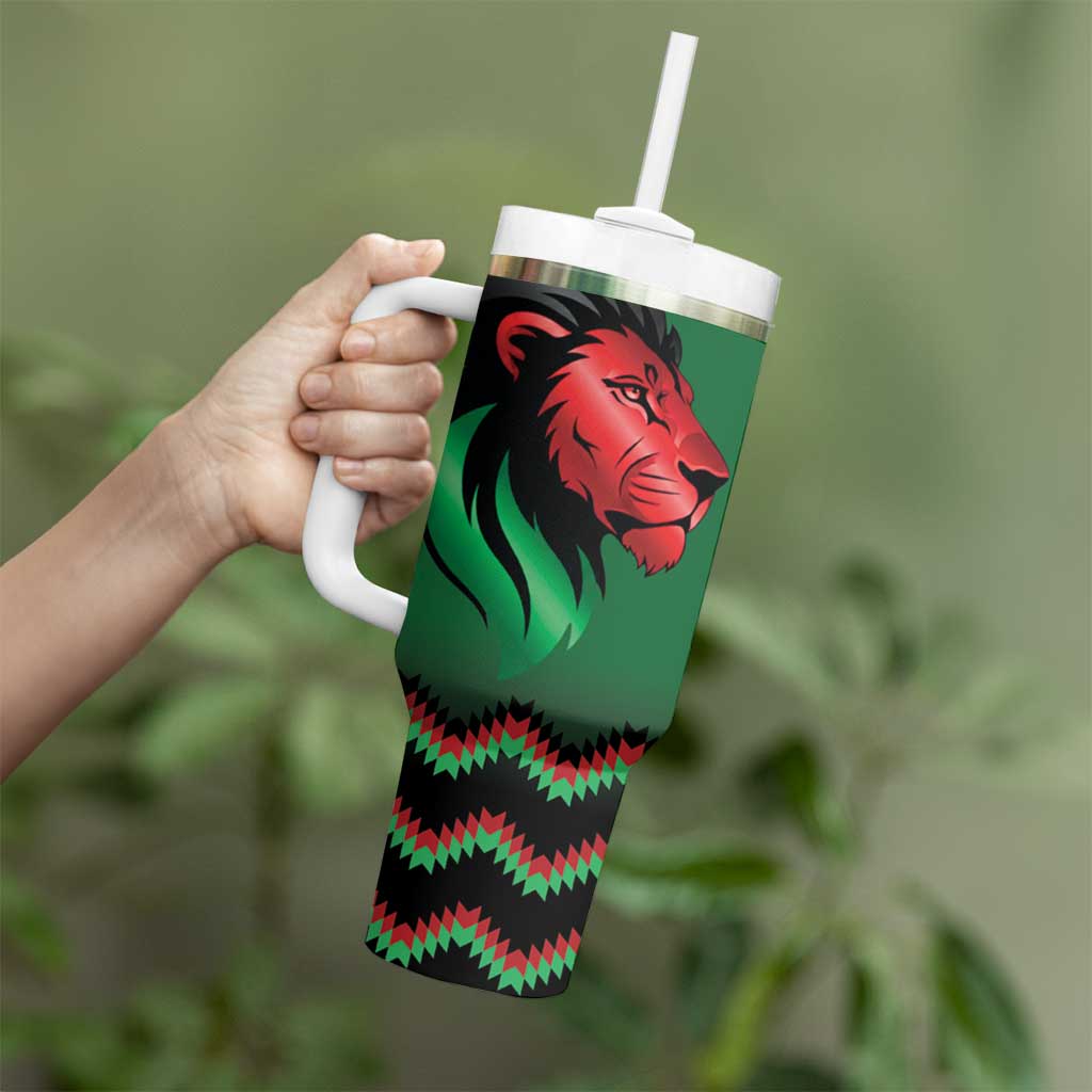 Kenya Cricket Custom Tumbler With Handle Green Lion Head with Kenyan Pattern - Wonder Print Shop