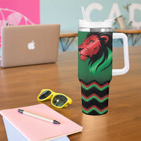 Kenya Cricket Custom Tumbler With Handle Green Lion Head with Kenyan Pattern - Wonder Print Shop