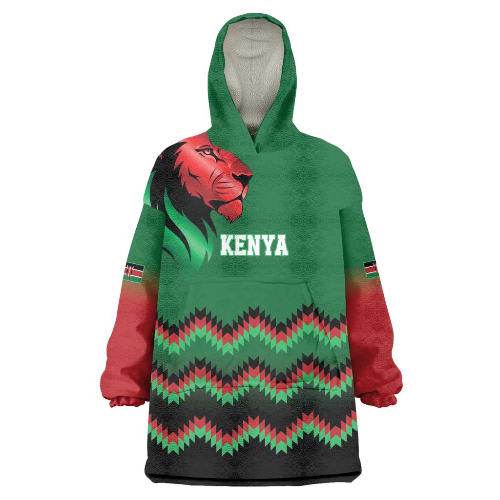 Kenya Cricket Custom Wearable Blanket Hoodie Green Lion Head with Kenyan Pattern - Wonder Print Shop