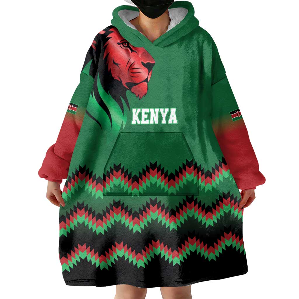 Kenya Cricket Custom Wearable Blanket Hoodie Green Lion Head with Kenyan Pattern - Wonder Print Shop