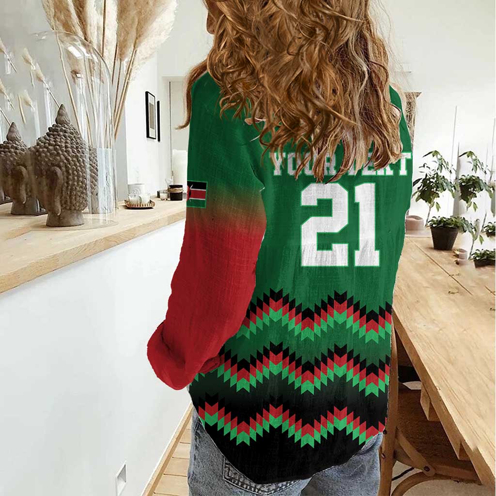 Kenya Cricket Custom Women Casual Shirt Green Lion Head with Kenyan Pattern - Wonder Print Shop