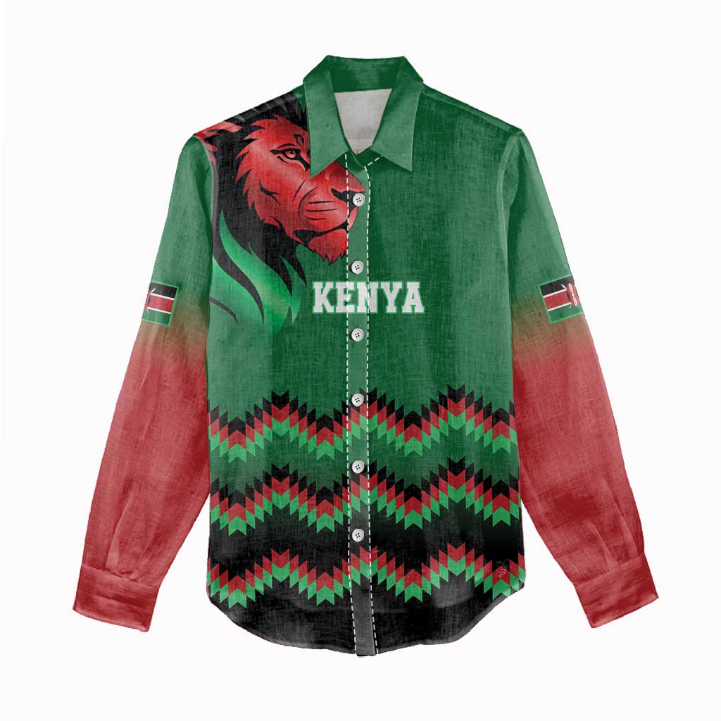 Kenya Cricket Custom Women Casual Shirt Green Lion Head with Kenyan Pattern - Wonder Print Shop
