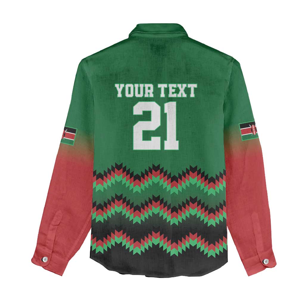 Kenya Cricket Custom Women Casual Shirt Green Lion Head with Kenyan Pattern - Wonder Print Shop