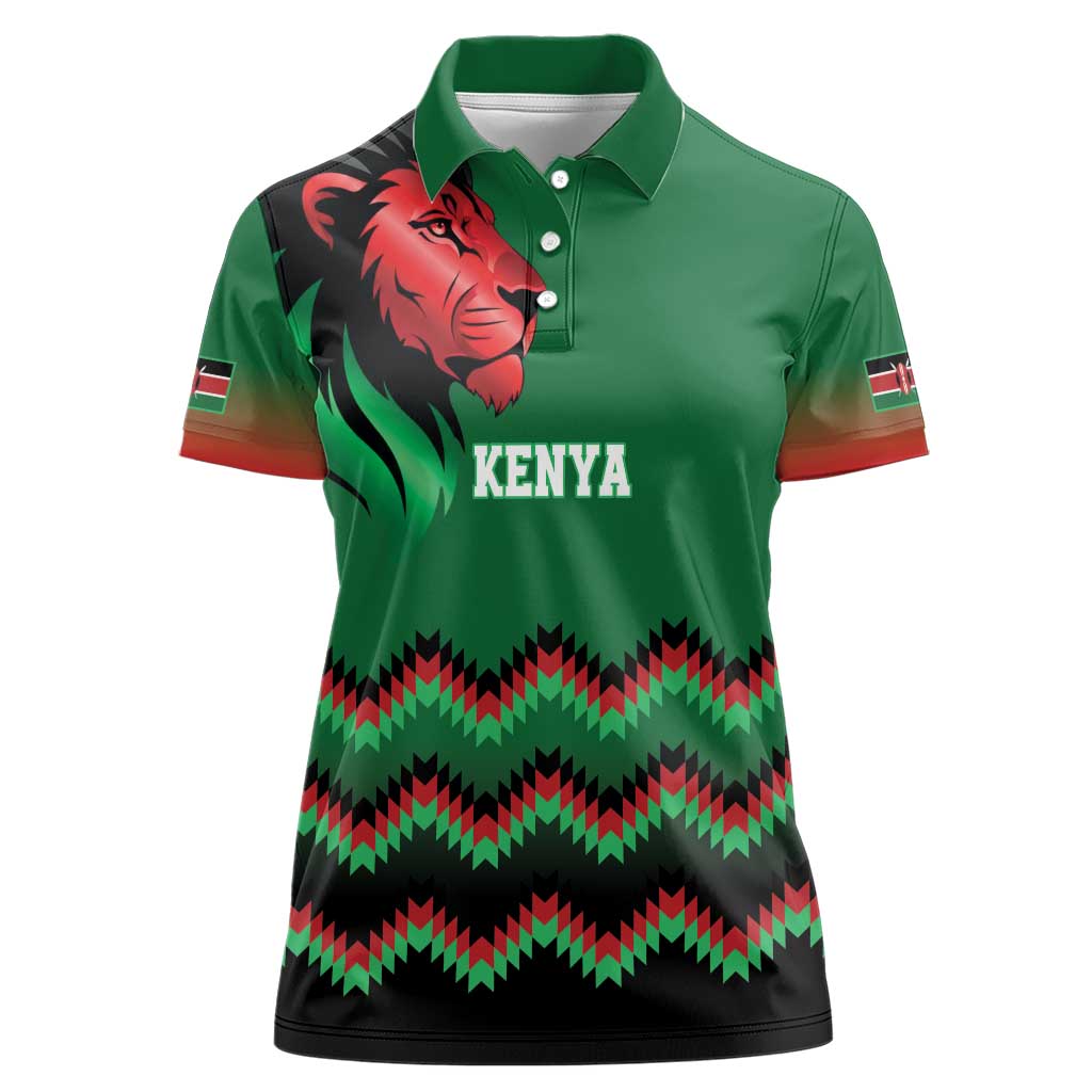 Kenya Cricket Custom Women Polo Shirt Green Lion Head with Kenyan Pattern - Wonder Print Shop