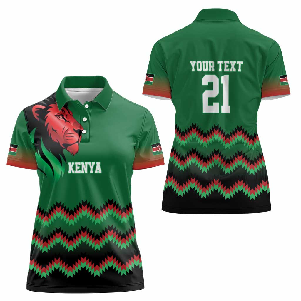 Kenya Cricket Custom Women Polo Shirt Green Lion Head with Kenyan Pattern - Wonder Print Shop
