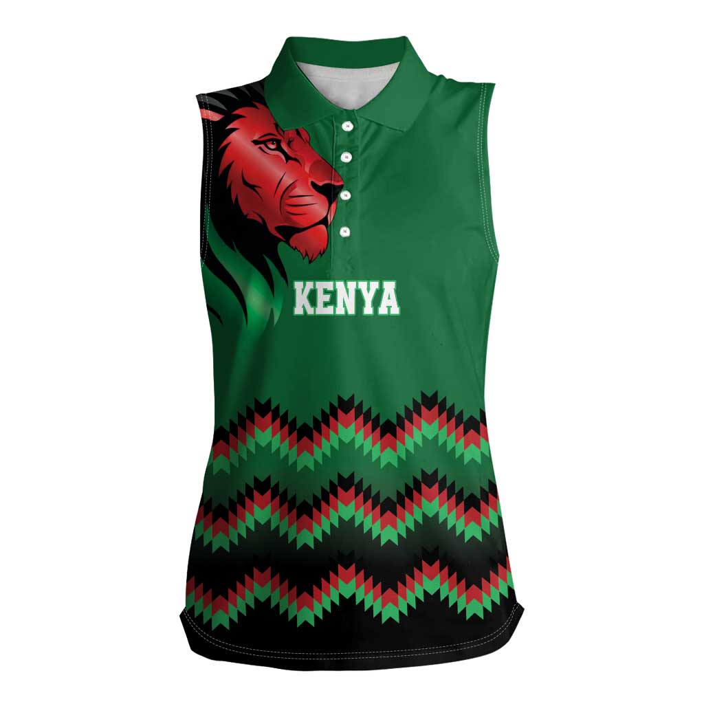 Kenya Cricket Custom Women Sleeveless Polo Shirt Green Lion Head with Kenyan Pattern - Wonder Print Shop