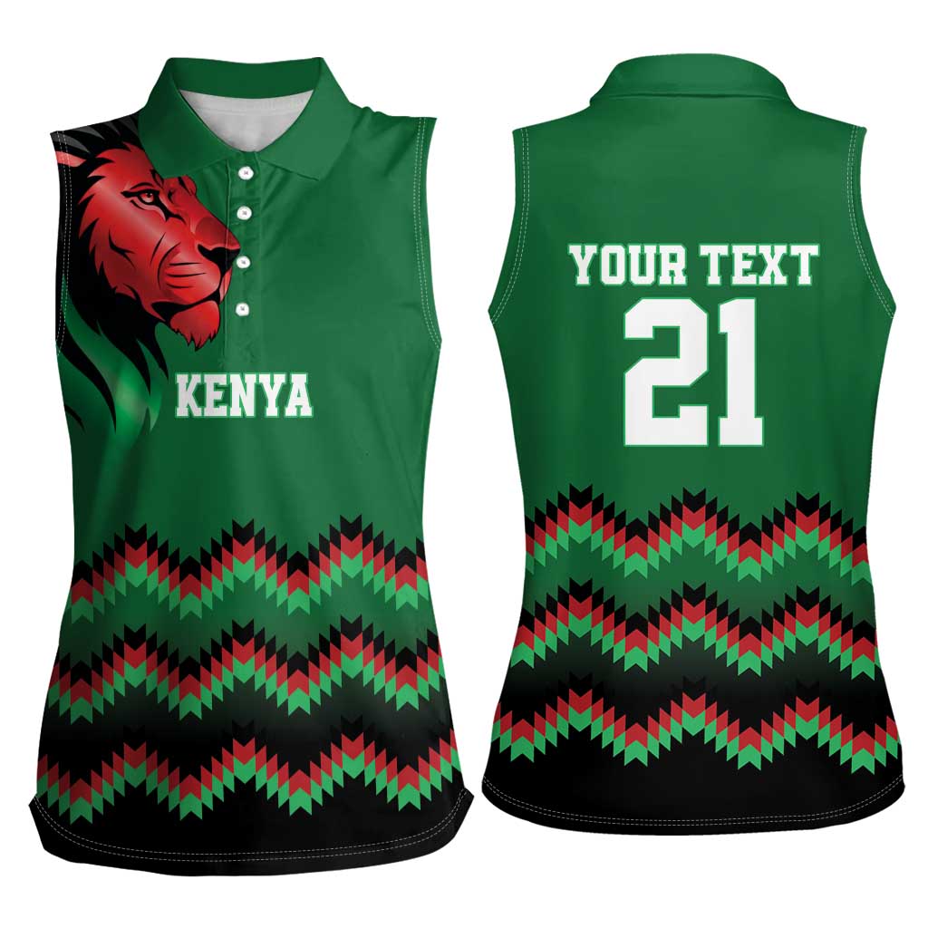 Kenya Cricket Custom Women Sleeveless Polo Shirt Green Lion Head with Kenyan Pattern - Wonder Print Shop