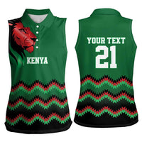 Kenya Cricket Custom Women Sleeveless Polo Shirt Green Lion Head with Kenyan Pattern - Wonder Print Shop