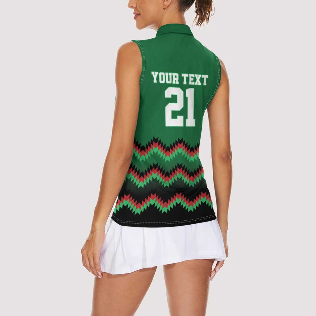 Kenya Cricket Custom Women Sleeveless Polo Shirt Green Lion Head with Kenyan Pattern - Wonder Print Shop