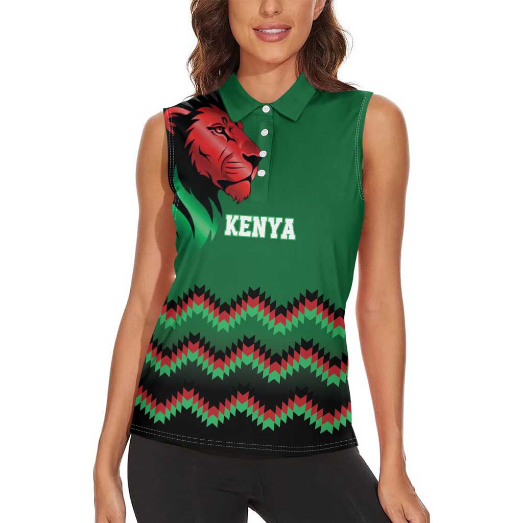 Kenya Cricket Custom Women Sleeveless Polo Shirt Green Lion Head with Kenyan Pattern - Wonder Print Shop