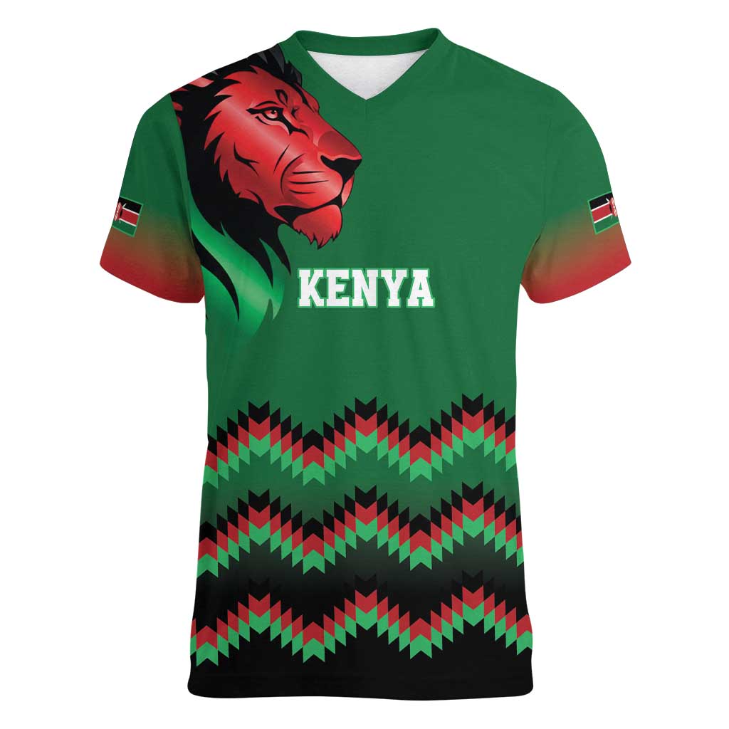 Kenya Cricket Custom Women V-Neck T-Shirt Green Lion Head with Kenyan Pattern - Wonder Print Shop