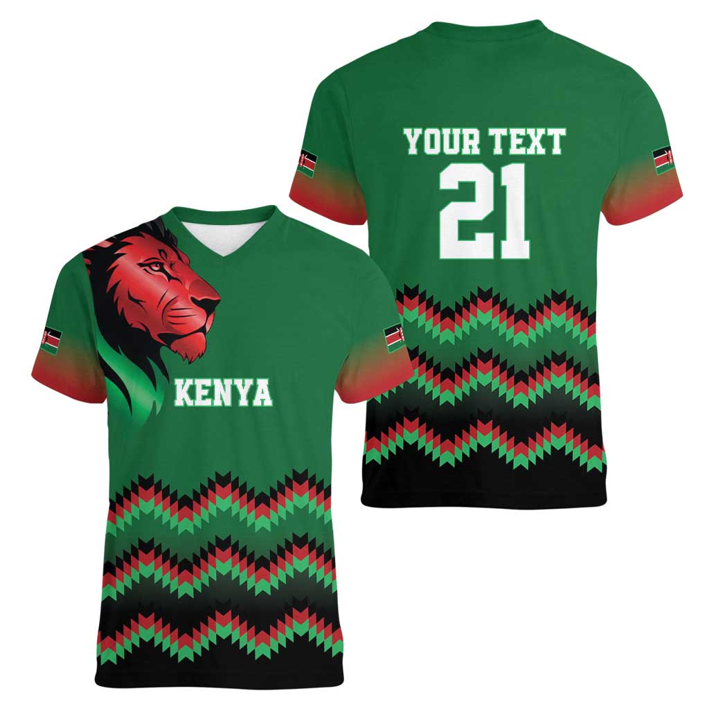 Kenya Cricket Custom Women V-Neck T-Shirt Green Lion Head with Kenyan Pattern - Wonder Print Shop