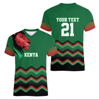 Kenya Cricket Custom Women V-Neck T-Shirt Green Lion Head with Kenyan Pattern - Wonder Print Shop