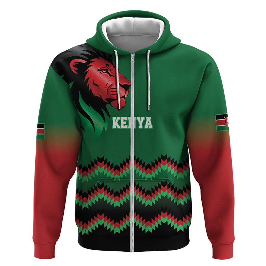Kenya Cricket Custom Zip Hoodie Green Lion Head with Kenyan Pattern - Wonder Print Shop