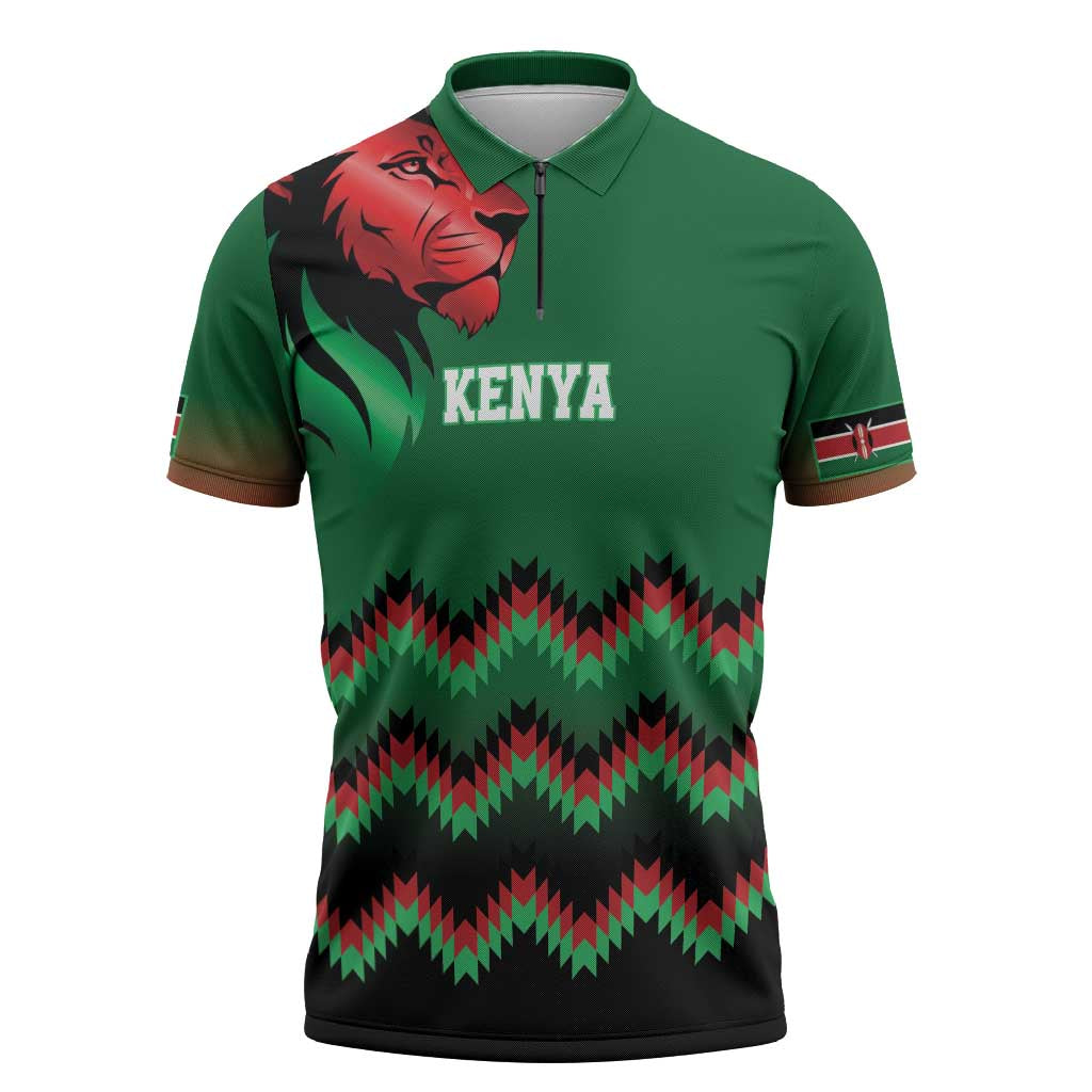 Kenya Cricket Custom Zipper Polo Shirt Green Lion Head with Kenyan Pattern - Wonder Print Shop