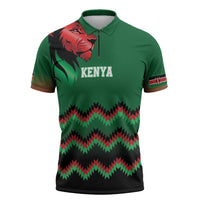 Kenya Cricket Custom Zipper Polo Shirt Green Lion Head with Kenyan Pattern - Wonder Print Shop
