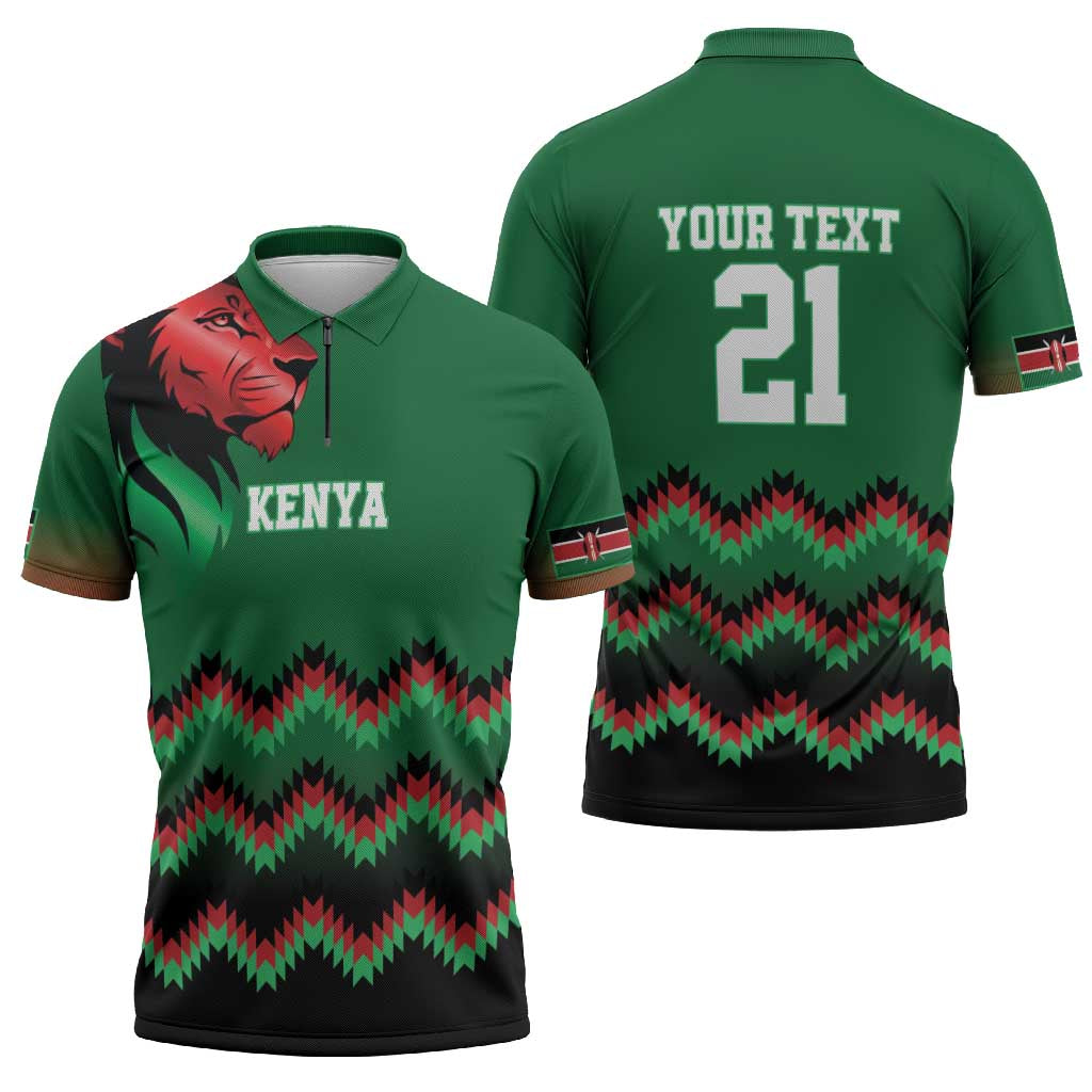 Kenya Cricket Custom Zipper Polo Shirt Green Lion Head with Kenyan Pattern - Wonder Print Shop