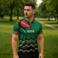 Kenya Cricket Custom Zipper Polo Shirt Green Lion Head with Kenyan Pattern - Wonder Print Shop