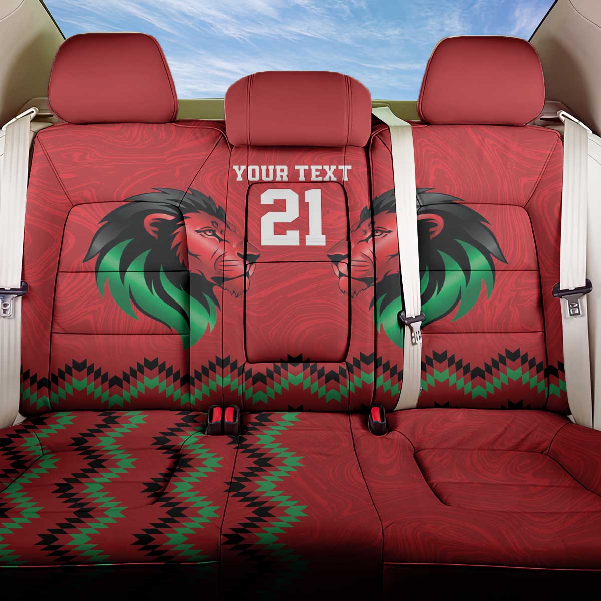 Kenya Cricket Custom Back Car Seat Cover Red Lion Head with Kenyan Pattern - Wonder Print Shop