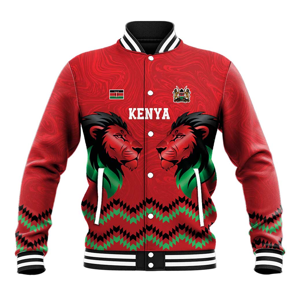 Kenya Cricket Custom Baseball Jacket Red Lion Head with Kenyan Pattern - Wonder Print Shop