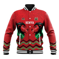 Kenya Cricket Custom Baseball Jacket Red Lion Head with Kenyan Pattern - Wonder Print Shop