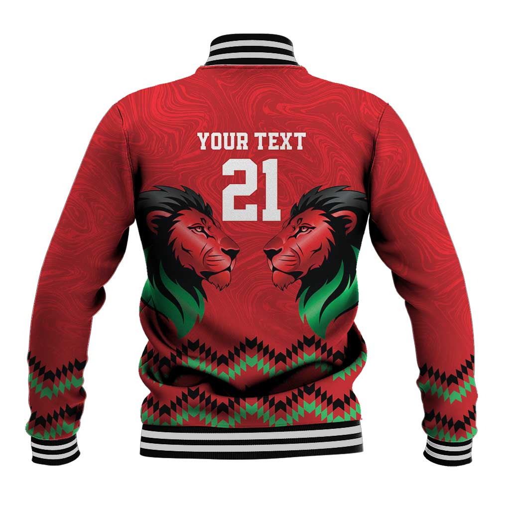 Kenya Cricket Custom Baseball Jacket Red Lion Head with Kenyan Pattern - Wonder Print Shop