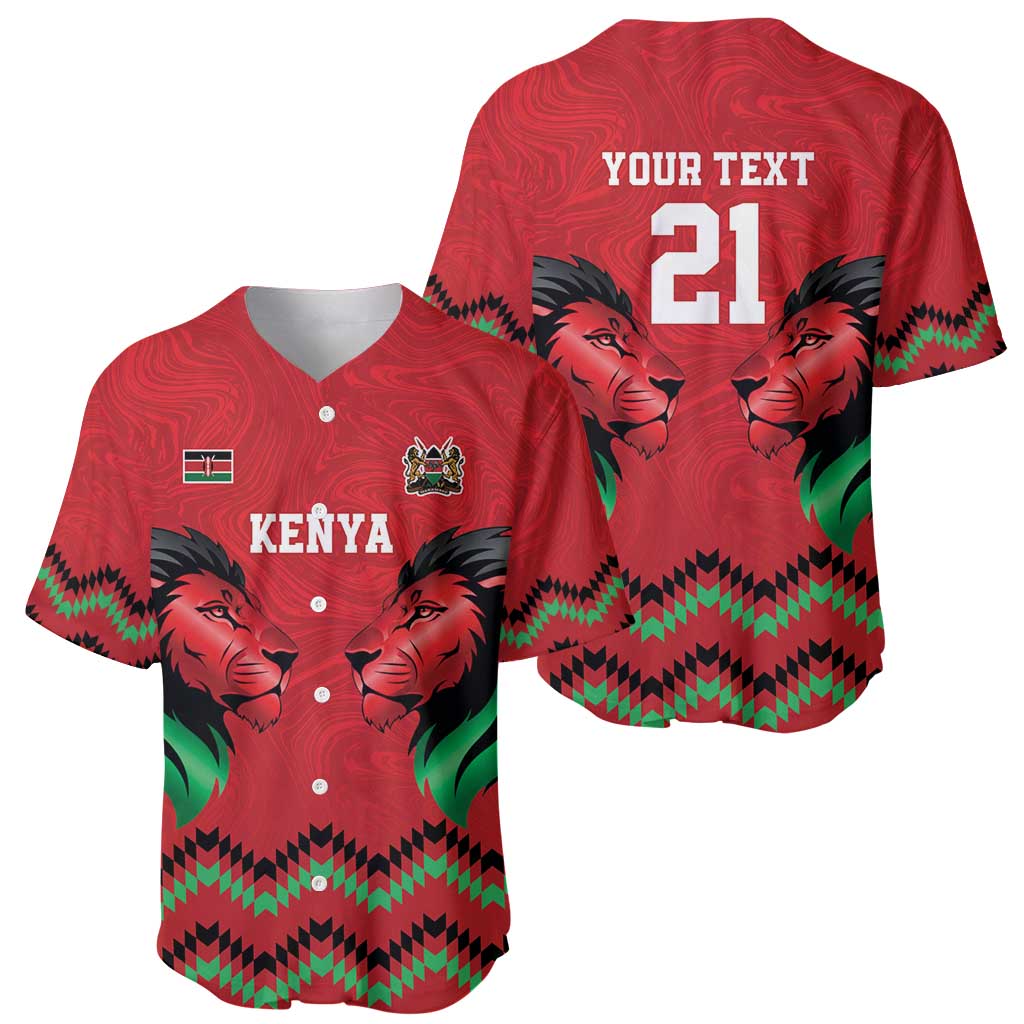 Kenya Cricket Custom Baseball Jersey Red Lion Head with Kenyan Pattern - Wonder Print Shop
