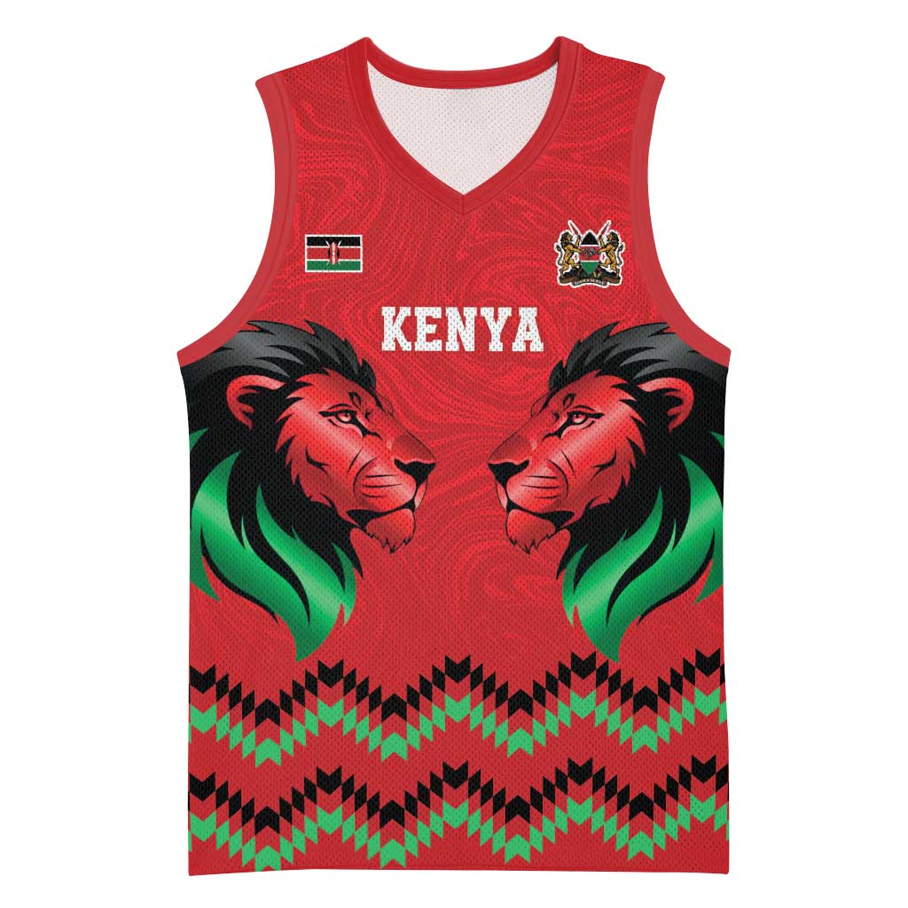 Kenya Cricket Custom Basketball Jersey Red Lion Head with Kenyan Pattern - Wonder Print Shop