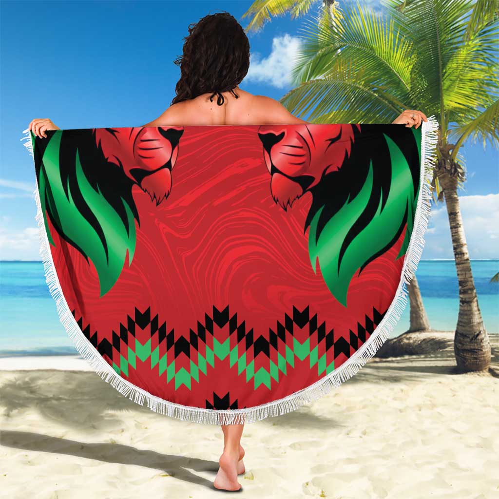Kenya Cricket Custom Beach Blanket Red Lion Head with Kenyan Pattern - Wonder Print Shop