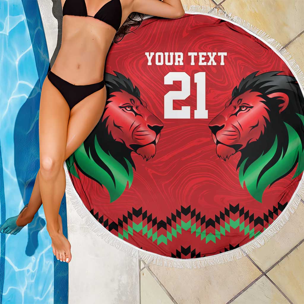 Kenya Cricket Custom Beach Blanket Red Lion Head with Kenyan Pattern - Wonder Print Shop