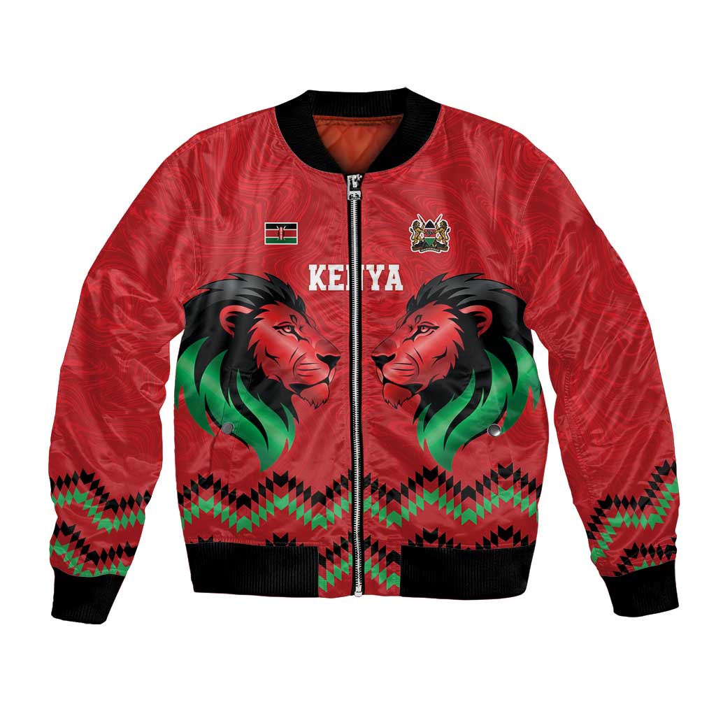 Kenya Cricket Custom Bomber Jacket Red Lion Head with Kenyan Pattern - Wonder Print Shop
