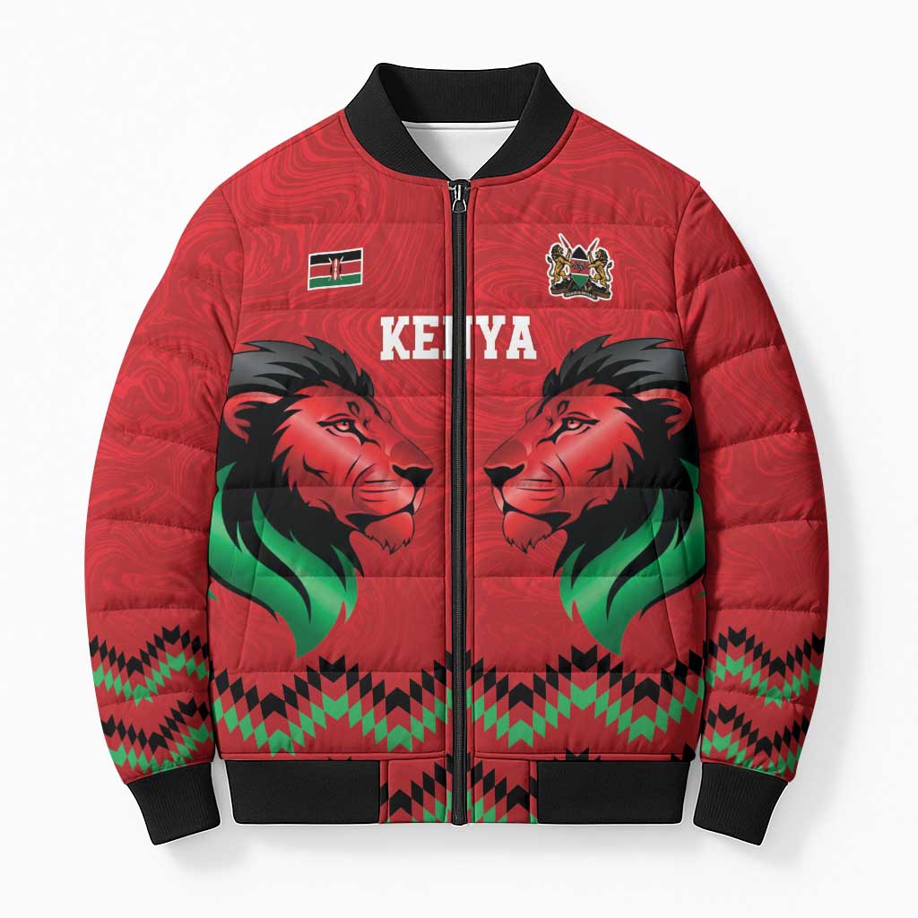 Kenya Cricket Custom Bomber Puffer Jacket Red Lion Head with Kenyan Pattern - Wonder Print Shop