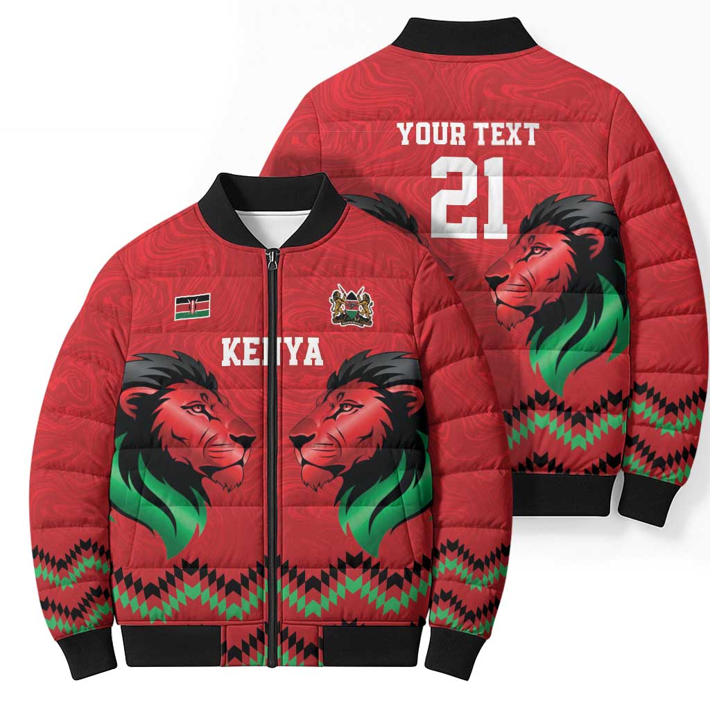 Kenya Cricket Custom Bomber Puffer Jacket Red Lion Head with Kenyan Pattern - Wonder Print Shop