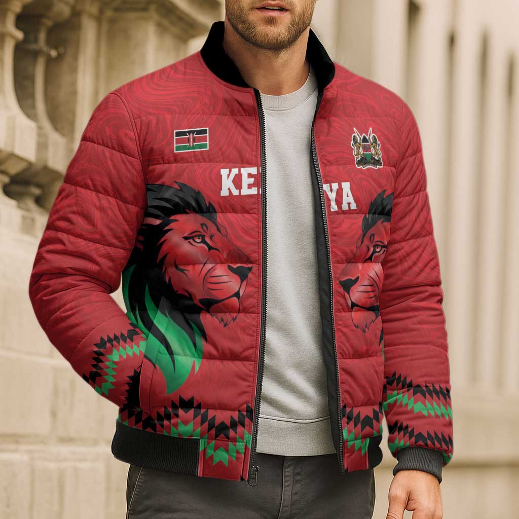 Kenya Cricket Custom Bomber Puffer Jacket Red Lion Head with Kenyan Pattern - Wonder Print Shop