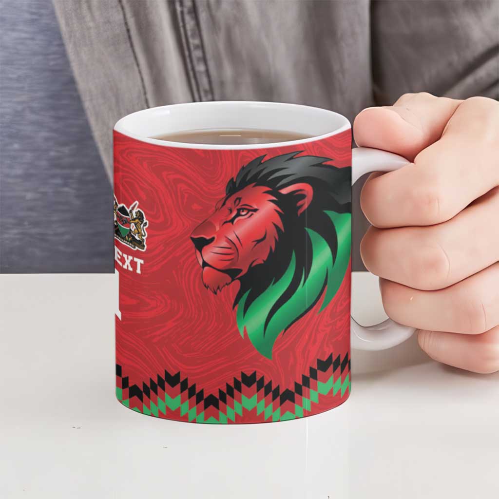 Kenya Cricket Custom Ceramic Mug Red Lion Head with Kenyan Pattern - Wonder Print Shop