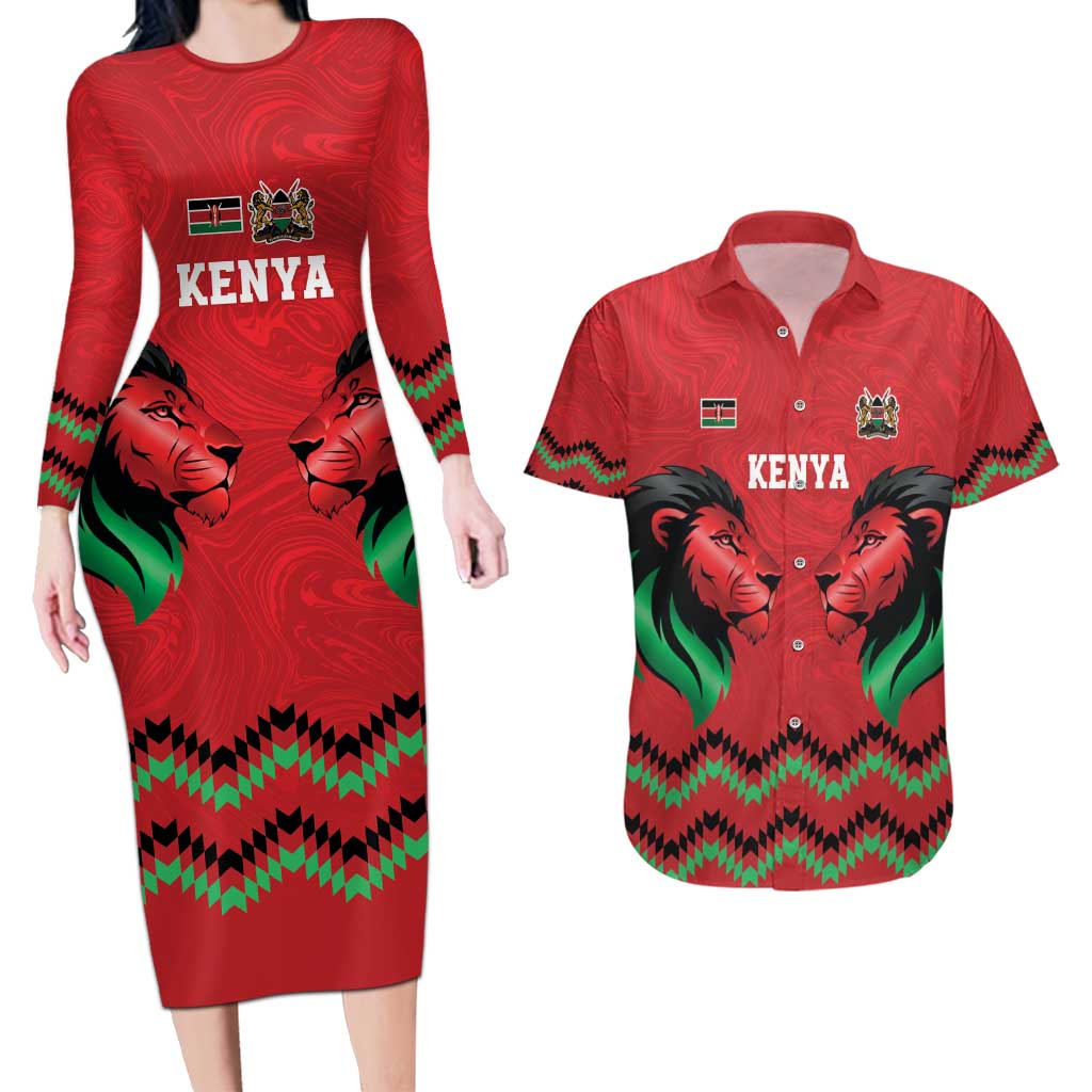 Kenya Cricket Custom Couples Matching Long Sleeve Bodycon Dress and Hawaiian Shirt Red Lion Head with Kenyan Pattern - Wonder Print Shop
