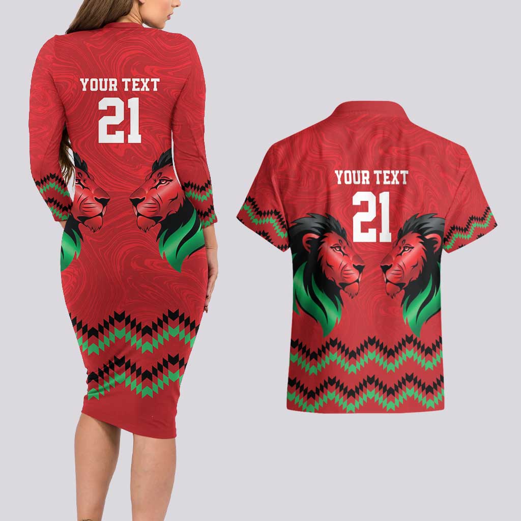 Kenya Cricket Custom Couples Matching Long Sleeve Bodycon Dress and Hawaiian Shirt Red Lion Head with Kenyan Pattern - Wonder Print Shop