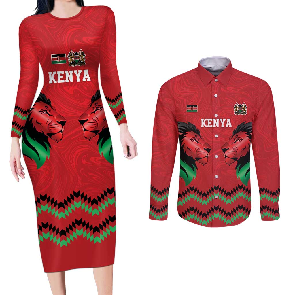 Kenya Cricket Custom Couples Matching Long Sleeve Bodycon Dress and Long Sleeve Button Shirt Red Lion Head with Kenyan Pattern - Wonder Print Shop