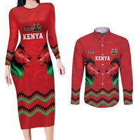 Kenya Cricket Custom Couples Matching Long Sleeve Bodycon Dress and Long Sleeve Button Shirt Red Lion Head with Kenyan Pattern - Wonder Print Shop