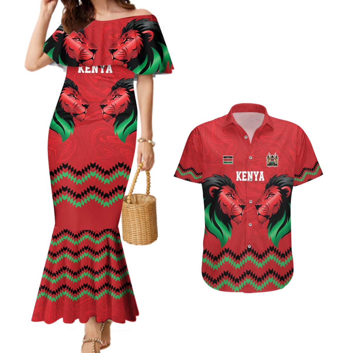 Kenya Cricket Custom Couples Matching Mermaid Dress and Hawaiian Shirt Red Lion Head with Kenyan Pattern - Wonder Print Shop
